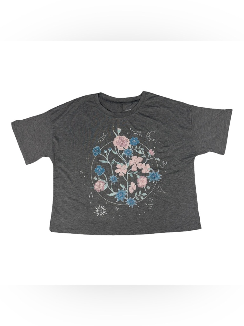 Grayson Social Graphic Tee Women’s Large Gray Floral Celestial Boho Moon Stars